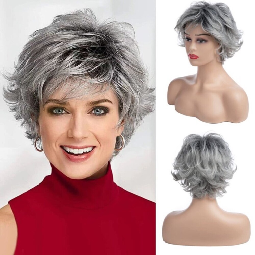 NEW Short Grey Curly Layered Wig, Ombre Silver Grey Short Fluffy